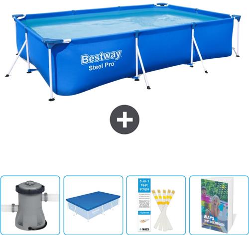 Bestway Rechthoekig Steel Pro Zwembad - 300 x 201 x 66 cm - Blauw - Inclusief Pomp Afdekzeil - Testrips - Zwembadgids