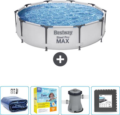 Bestway Rond Steel Pro MAX Zwembad - 305 x 76 cm - Grijs - Inclusief Solarzeil - Onderhoudspakket - Pomp - Vloertegels