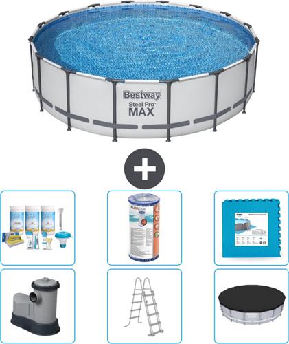Bestway Rond Steel Pro MAX Zwembad - 488 x 122 cm - Grijs - Inclusief Pomp - Ladder - Afdekzeil Onderhoudspakket - Filter - Vloertegels