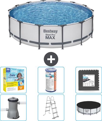Bestway Rond Steel Pro MAX Zwembad - 427 x 107 cm - Grijs - Inclusief Pomp - Ladder - Afdekzeil Onderhoudspakket - Filter - Vloertegels