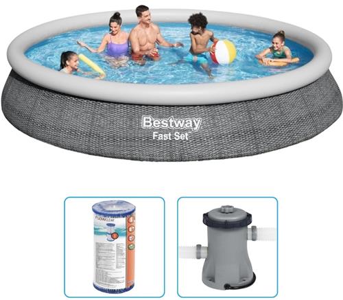 Bestway Fast Set Opblaasbaar zwembad - 457x84 cm - Rattanprint - Rond - Met filterpomp - Zwembad - Filterpomp - Opblaasbaar Zwembad - Familiezwembad - Filter