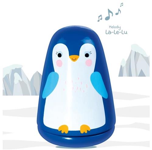 Muziekdoos: GOEDENACHT KLEINE PINGUIN H11,5xdiam,7,5cm, melodie La-Le-Lu, in hout