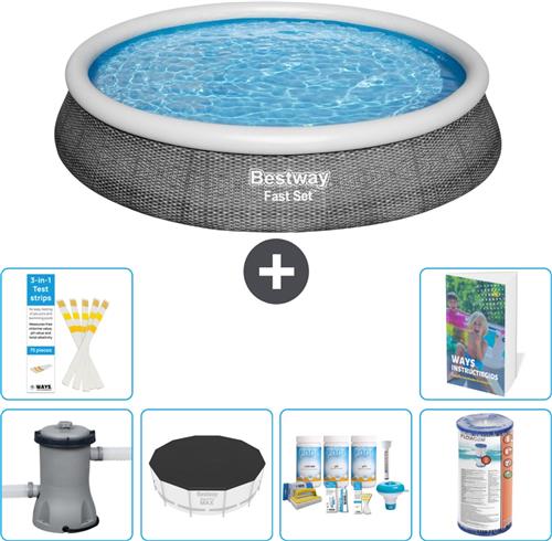 Bestway Rond Opblaasbaar Fast Set Zwembad - Rotanprint - 396 x 84 cm - Inclusief Pomp Afdekzeil - Onderhoudspakket - Filter - 7-delig