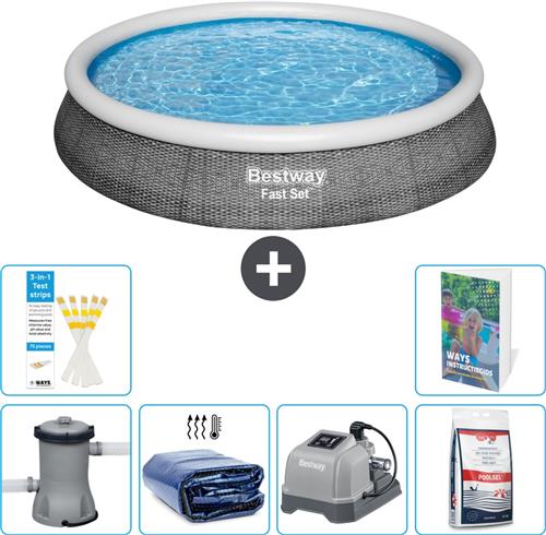 Bestway Rond Opblaasbaar Fast Set Zwembad - Rotanprint - 396 x 84 cm - Inclusief Pomp Solarzeil - Zoutwatersysteem - Zwembadzout - 7-delig