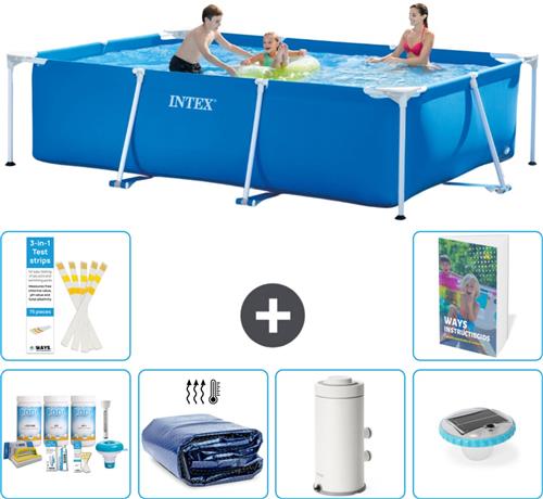 Intex Rechthoekig Frame Zwembad - 300 x 200 x 75 cm - Blauw - Inclusief Onderhoudspakket - Solarzeil - Zwembadfilterpomp - Verlichting - 7-delig