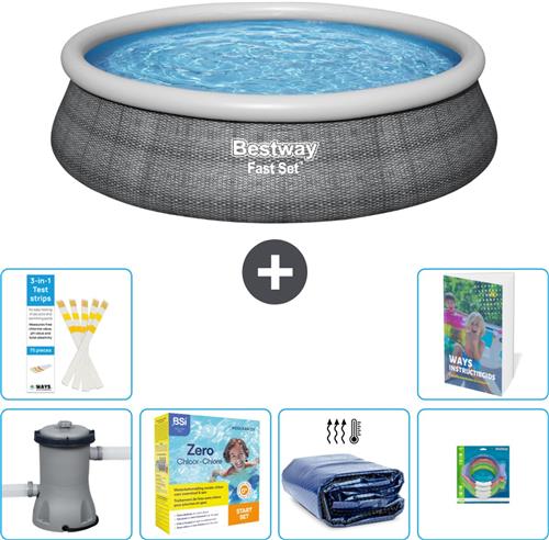 Bestway Rond Opblaasbaar Fast Set Zwembad - Rotanprint - 457 x 84 cm - Inclusief Pomp Onderhoudspakket - Solarzeil - Speelgoed - 7-delig
