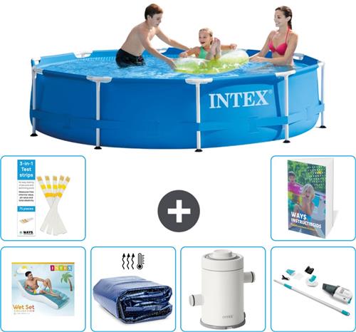 Intex Rond Frame Zwembad - 305 x 76 cm - Blauw - Inclusief Loungebed - Solarzeil - Zwembadfilterpomp - Stofzuiger - 7-delig
