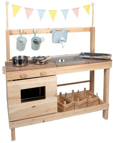 Small Foot houten modderkeuken en winkel buitenspeelgoed voor kinderen.