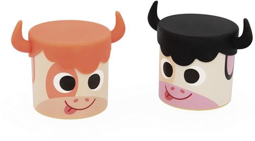 Janod speelgoed koe geluidsdoosje met hoorns multicolor.