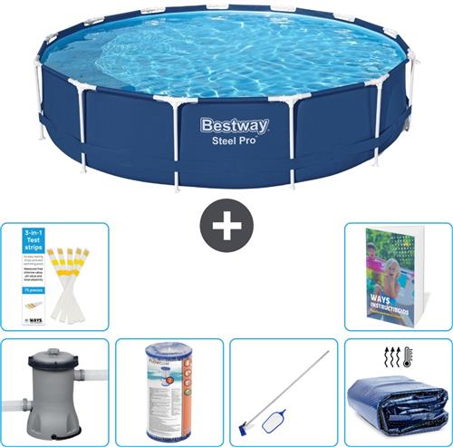 Bestway Rond Steel Pro Zwembad - 396 x 84 cm - Blauw - Inclusief Pomp Filter - Schoonmaakset - Solarzeil - 7-delig