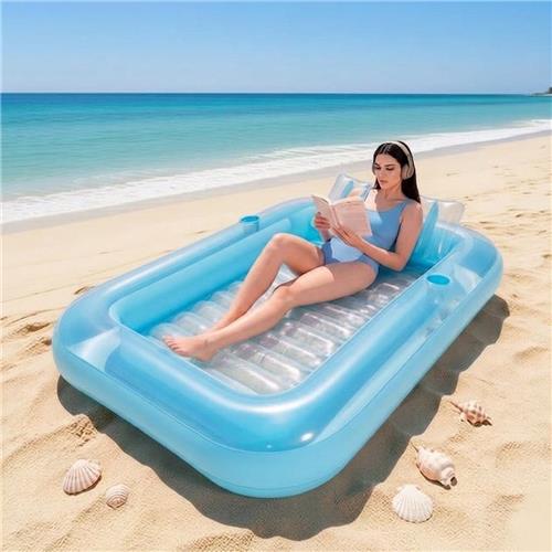 PolkaHome XL Opblaasbaar Zonnebed met Neksteun en Drankhouder 205 x 140 x 25 cm Blauw