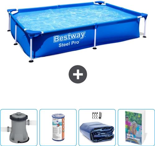 Bestway Rechthoekig Steel Pro Zwembad - 221 x 150 x 43 cm - Blauw - Inclusief Pomp - Filter - Solarzeil - Zwembadgids