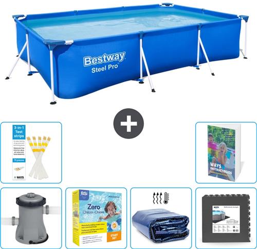 Bestway Rechthoekig Steel Pro Zwembad - 300 x 201 x 66 cm - Blauw - Inclusief Pomp Onderhoudspakket - Solarzeil - Vloertegels - 7-delig