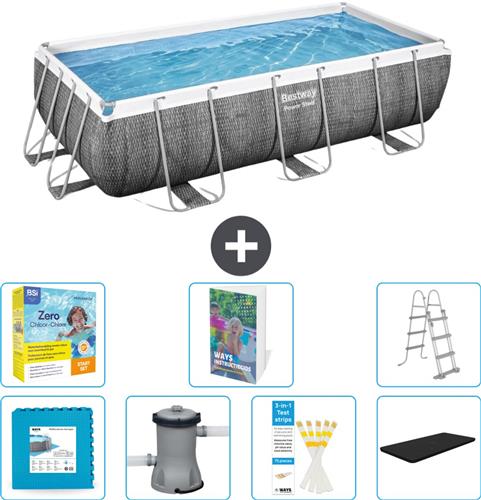 Bestway Rechthoekig Power Steel Zwembad - Rattanprint - 404 x 201 x 100 - Inclusief Pomp - Ladder Afdekzeil - Onderhoudspakket - Vloertegels - 8-delig