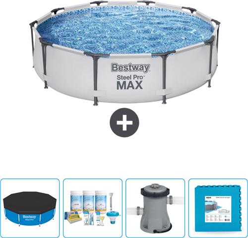 Bestway Rond Steel Pro MAX Zwembad - 305 x 76 cm - Grijs - Inclusief Afdekzeil - Onderhoudspakket - Pomp - Vloertegels