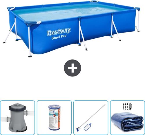 Bestway Rechthoekig Steel Pro Zwembad - 300 x 201 x 66 cm - Blauw - Inclusief Pomp Filter - Schoonmaakset - Solarzeil