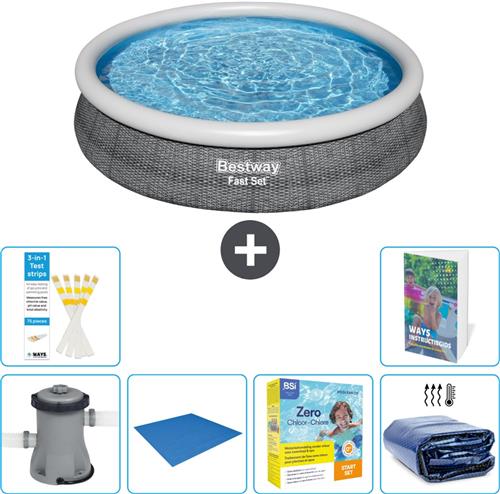 Bestway Rond Opblaasbaar Fast Set Zwembad - Rotanprint - 366 x 76 cm - Inclusief Pomp Grondzeil - Onderhoudspakket - Solarzeil - 7-delig