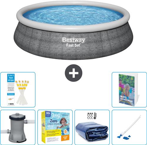 Bestway Rond Opblaasbaar Fast Set Zwembad - Rotanprint - 457 x 84 cm - Inclusief Pomp Onderhoudspakket - Solarzeil - Stofzuiger - 7-delig