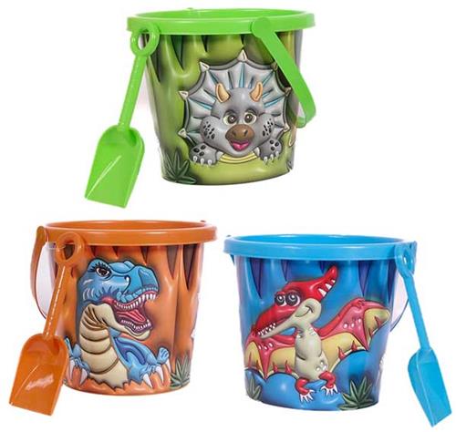 PIA Soft Toys-Set van 3 - 3D dinosaurus emmer & schep 3 ass. (Pterodactylus/Triceratops/T-rex) - Blauw/Groen/Oranje -18,5 cm x 15 cm x 15 cm