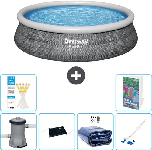 Bestway Rond Opblaasbaar Fast Set Zwembad - Rotanprint - 457 x 84 cm - Inclusief Pomp Solar Mat - Solarzeil - Stofzuiger - 7-delig