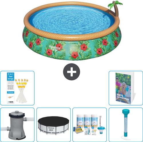 Bestway Rond Opblaasbaar Fast Set Zwembad - Paradijsprint - 457 x 84 cm - Inclusief Pomp Afdekzeil - Onderhoudspakket - Thermometer - 7-delig