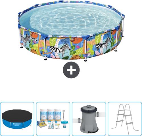 Bestway Rond Steel Pro Zwembad - 305 x 66 cm - Jungleprint - Inclusief Afdekzeil - Onderhoudspakket - Pomp - Ladder