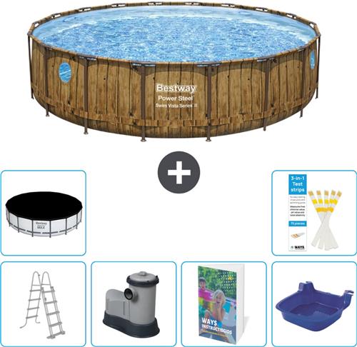 Bestway Rond Power Steel Swim Vista Zwembad - Houtprint - 549 x 122 - Inclusief Pomp - Ladder - Afdekzeil Voetenbad - 7-delig