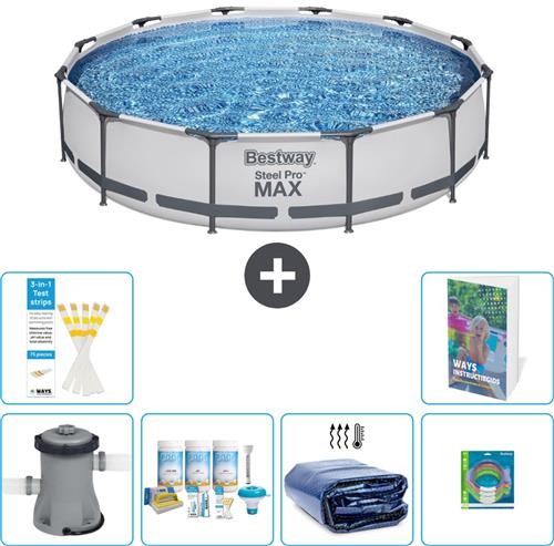 Bestway Rond Steel Pro MAX Zwembad - 366 x 76 cm - Grijs - Inclusief Pomp Onderhoudspakket - Solarzeil - Speelgoed - 7-delig