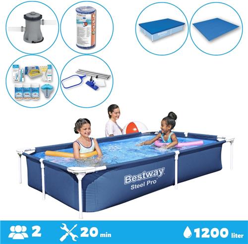 Bestway Voordeelverpakking - Rechthoekig Steel Pro Zwembad - 221 x 150 x 43 cm - Blauw - Inclusief Accessoires - Voor een heel seizoen