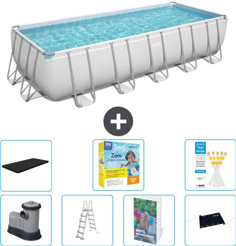 Bestway Rechthoekig Power Steel Zwembad - 640 x 274 x 132 - Grijs - Inclusief Pomp - Ladder - Afdekzeil - Onderhoudspakket - Solar Mat - 8-delig