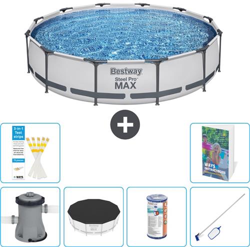 Bestway Rond Steel Pro MAX Zwembad - 366 x 76 cm - Grijs - Inclusief Pomp Afdekzeil - Filter - Schoonmaakset - 7-delig