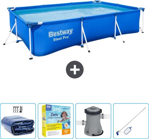 Bestway Rechthoekig Steel Pro Zwembad - 300 x 201 x 66 cm - Blauw - Inclusief Solarzeil - Onderhoudspakket - Pomp - Schoonmaakset