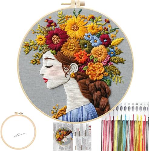 BOTC Borduurpakket - Floral Women Embroidery Kit  Colorful Long Hair Girl Pre-Stamped Pattern- DIY Needlework Kit for Adults