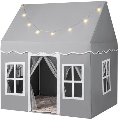 COSTWAY Kinderspeelhuis met sterrenverlichting, prinsessen-/prinses-kindertent met ramen en netgordijnen, kinderspeeltent, speelhuis voor jongens en sprookjes (grijs)