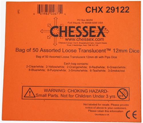 Chessex dobbelstenen set - 50 stuks transparant D6 12mm multicolor.