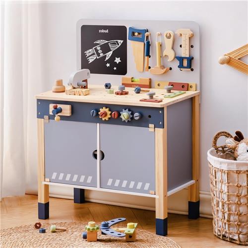 Houten Speelgoed Werkbank - Misty Blue - Constructiewerkwinkel Gereedschapsbank Speelgoed voor Jongens van 3 Jaar