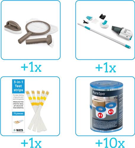 Zwembad Onderhoudspakket - Onderhoud Zwembad - bevat Scrubpad - Schepnet - Borstel - Stofzuiger - Testrips en Filters (4-delig)