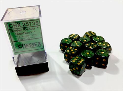 Chessex Golden Recon Speckled D6 16mm Dobbelsteen Set (12 stuks)