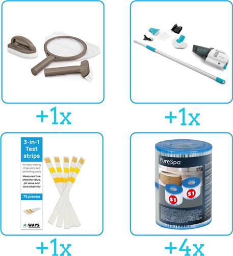 Zwembad Onderhoudspakket - Onderhoud Zwembad - bevat Scrubpad - Schepnet - Borstel - Stofzuiger - Testrips en Filters (4-delig)