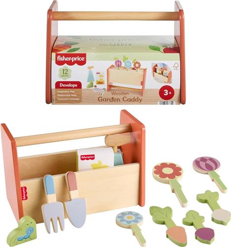Fisher-Price houten tuin gereedschap speelgoed set voor kinderen.