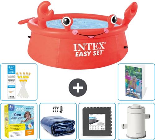 Intex Rond Opblaasbaar Easy Set Zwembad - 183 x 51 cm - Rood - Krab - Inclusief Onderhoudspakket - Solarzeil - Vloertegels - Zwembadfilterpomp - 7-delig