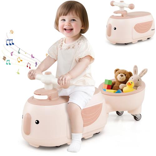 COSTWAY Glijauto met aanhanger, glijvoertuig met licht, muziek en opbergruimte onder de stoel, glijvoertuig voor binnen en buiten, voor kinderen vanaf 1 jaar (koffie)