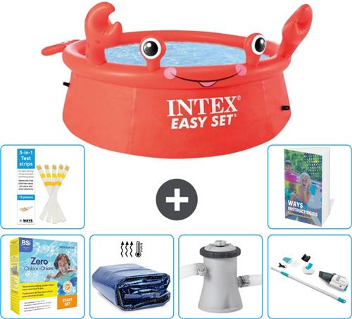 Intex Rond Opblaasbaar Easy Set Zwembad - 183 x 51 cm - Rood - Krab - Inclusief Onderhoudspakket - Solarzeil - Zwembadfilterpomp - Stofzuiger - 7-delig
