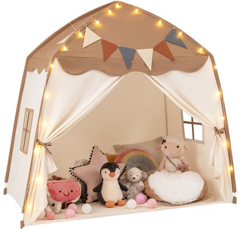 COSTWAY Speelhuisje voor kinderen, kindertent met vlaggen en lichtkettingen, prinsessenspeeltent, grote tent voor kinderkamer voor jongens en meisjes vanaf 3 jaar, 157 x 98 x 148 cm (bruin)