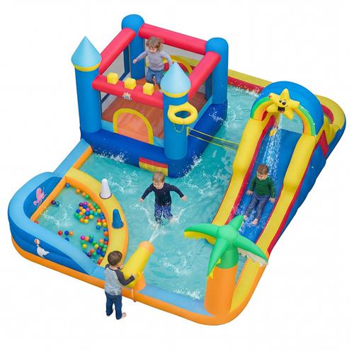 COSTWAY Opblaasbaar kasteel met waterglijbaan, klimwand, springgedeelte, ballenbak, ringwerpspel, waterkanon, voetbal, basketbal en volleybal, opblaasbaar waterkasteel voor kinderen, buitenwaterpark