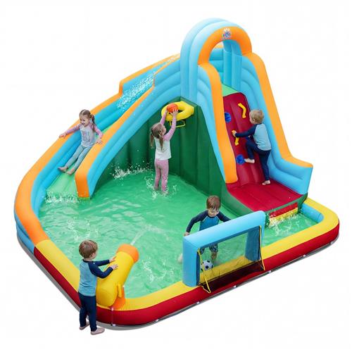 COSTWAY springkussen met waterglijbaan, klimwand, waterkanon, peuterbad, basketbalring, basketbal, voetbal, voetbaldoel en oceaanballen, waterspringkussen voor kinderen, waterpark voor buiten