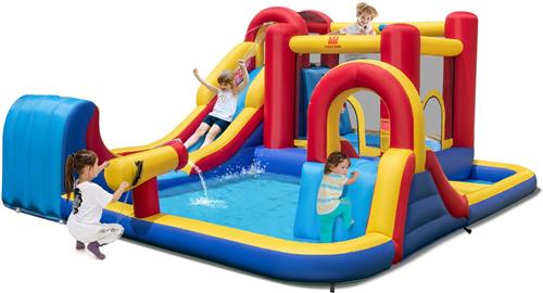 COSTWAY springkussen met waterglijbaan, klimwand, springgedeelte, waterkanon, peuterbad en basketbalring, waterspringkussen voor kinderen, waterpark voor buiten, 450 x 392 x 216 cm