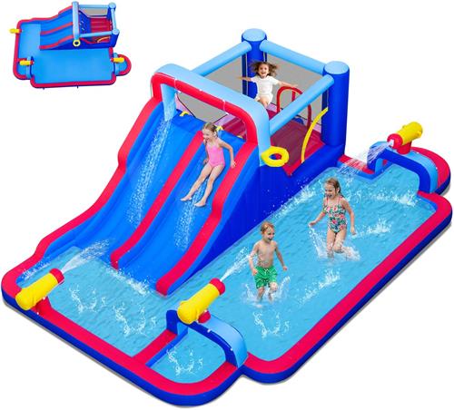 COSTWAY Springkasteel met dubbele glijbanen, kinderbadje, springgebied, klimwand, basketbalkorf en 3 waterkanonnen, waterspringkasteel voor kinderen, waterpark voor buiten, 646 x 418 x 211 cm