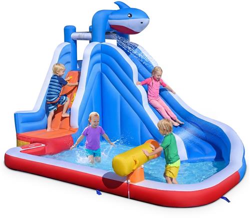 COSTWAY Opblaasbaar kasteel met waterglijbaan, klimwand, waterkanon en kinderbad, opblaasbaar waterkasteel voor kinderen, buitenwaterpark, 401 x 307 x 255 cm