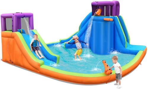 COSTWAY Springkasteel met waterglijbaan, klimwand, 4 sprinklers, 2 waterwerpers en kinderbadje, waterpark voor buiten, incl. draagtas, reparatieset, 458 x 439 x 236 cm